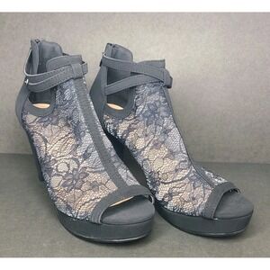 Forever Black Lace Peep Toe Heels Sz 7.5 Ankle Strap Platform Booties Heel Zip